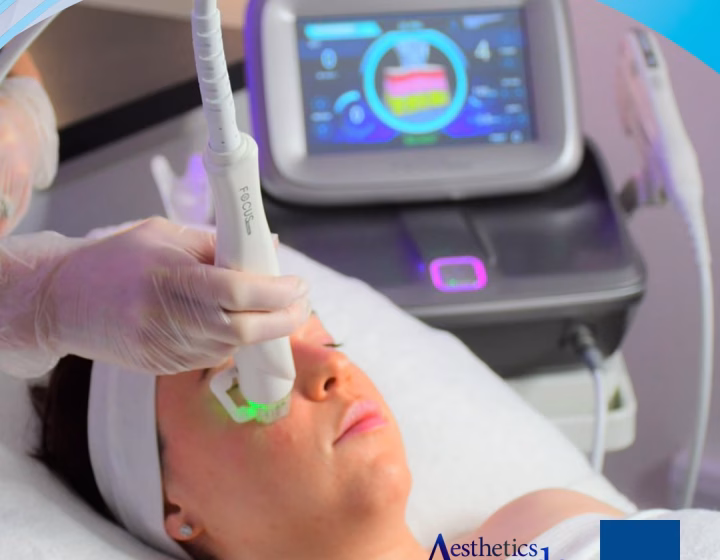 Focus Dual radio frequency microneedling being performed on a client’s cheek