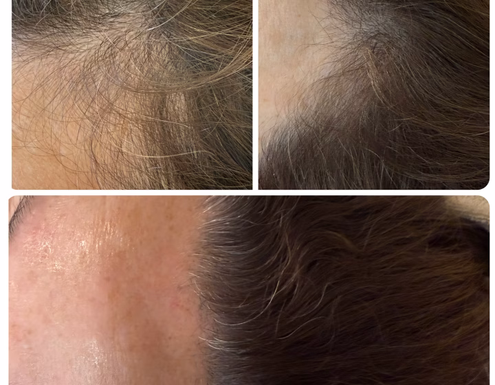 Before and after photographs of hair regrowth on the scalp